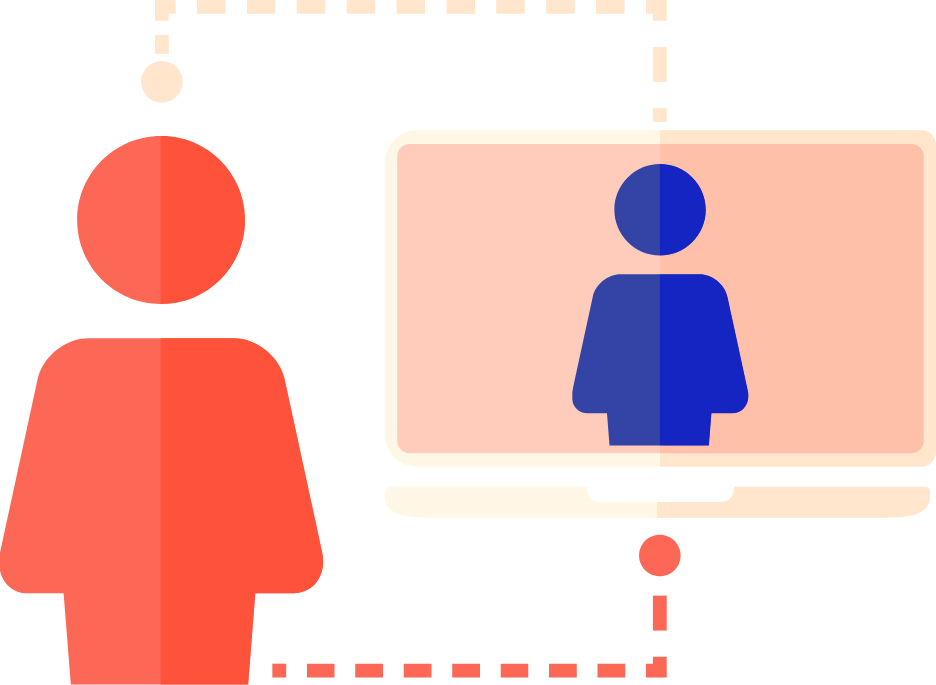 drawing of two figures connected virtually via a computer